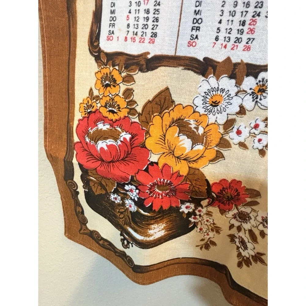 1980 German Clock Cloth Calendar Kitchen Tea Towel With Flowers Clean Condition